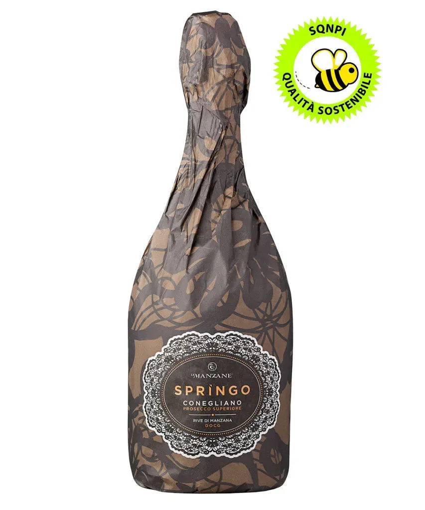 A bottle of Valdobbiadene Conegliano Prosecco DOCG Springo Bronze in gift wrap, Prosecco Superiore DOCG Dry Rive, 0,75 l, Le Manzane, Prosecco World