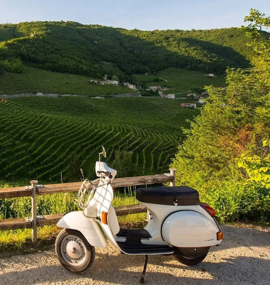 Vespa in the hills of Valdobbiadene, region of Prosecco in Italy. 